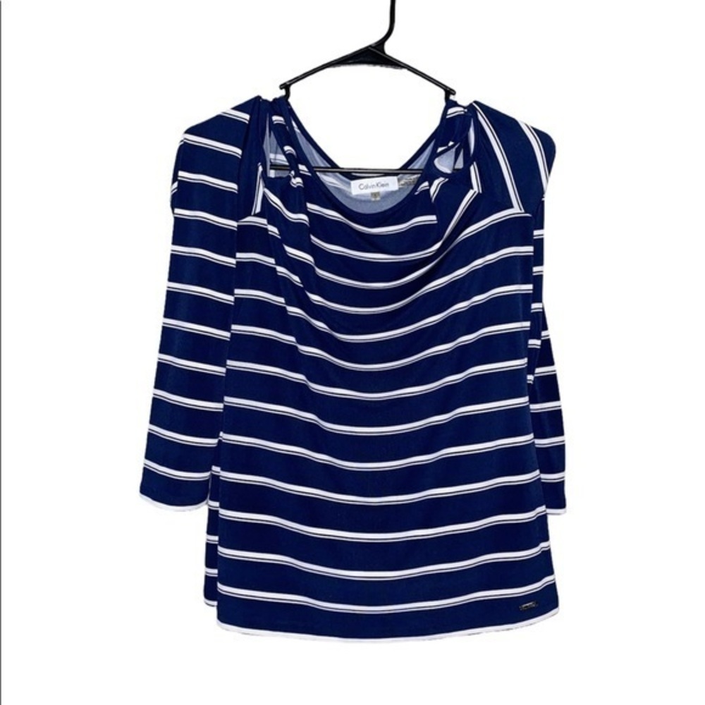 Women’s Calvin Klein Cold shoulder Long Sleeve Navy Blue Striped Shirt Sz S